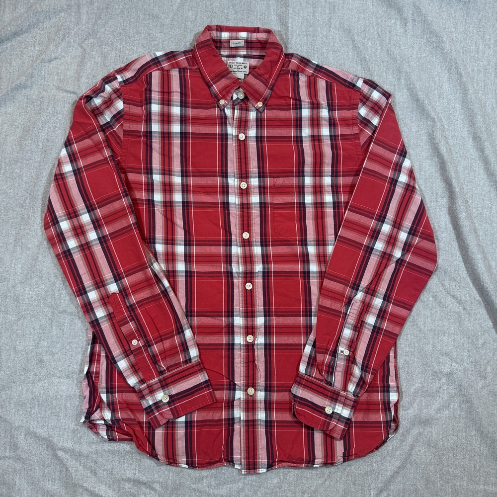J Crew Shirt Mens Medium Red Plaid Slim Fit Button‎ Down 100% Cotton Casual
